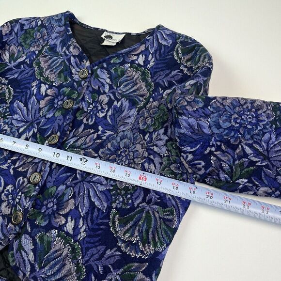Vintage First Option Floral Diamond Quilted Crop Jacket M Blue Cottagecore Boho - Picture 6 of 9